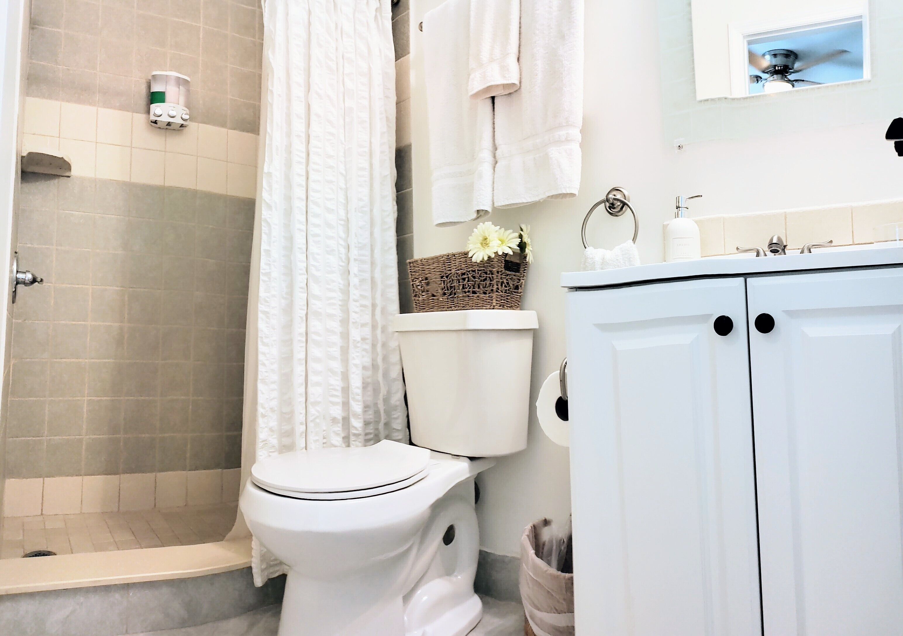 Hair dryer, towels, soap, shampoo