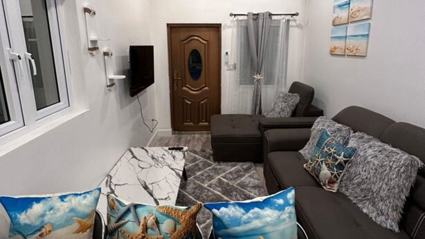 En moderne stue med ventilator, sofa, sofabord og fjernsyn.