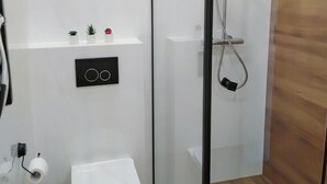 Uma casa de banho moderna com cabine de duche em vidro, sanita e prateleira com pequenas plantas.
