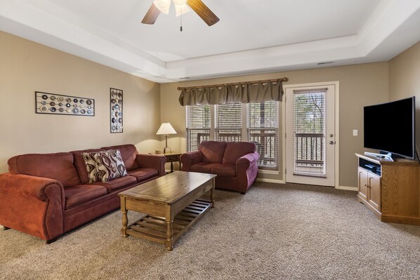 Smart TV, fireplace, DVD player