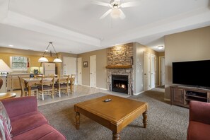 Smart TV, fireplace, DVD player