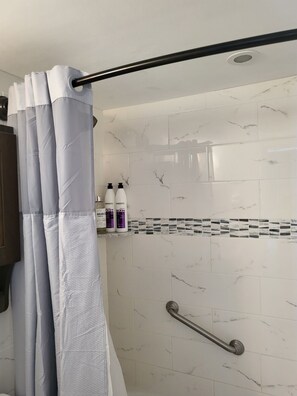Regadera, secadora de cabello, jabón, shampoo 