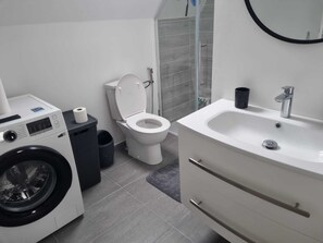 Shower, hair dryer, bidet, towels