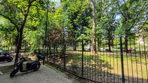 Ein gepflasterter Weg, ein Metallzaun und Bäume in einer Parkanlage.