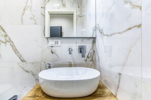Shower, hair dryer, bidet, towels