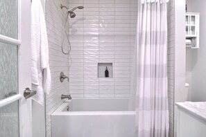 Eco-friendly toiletries, hair dryer, towels, soap