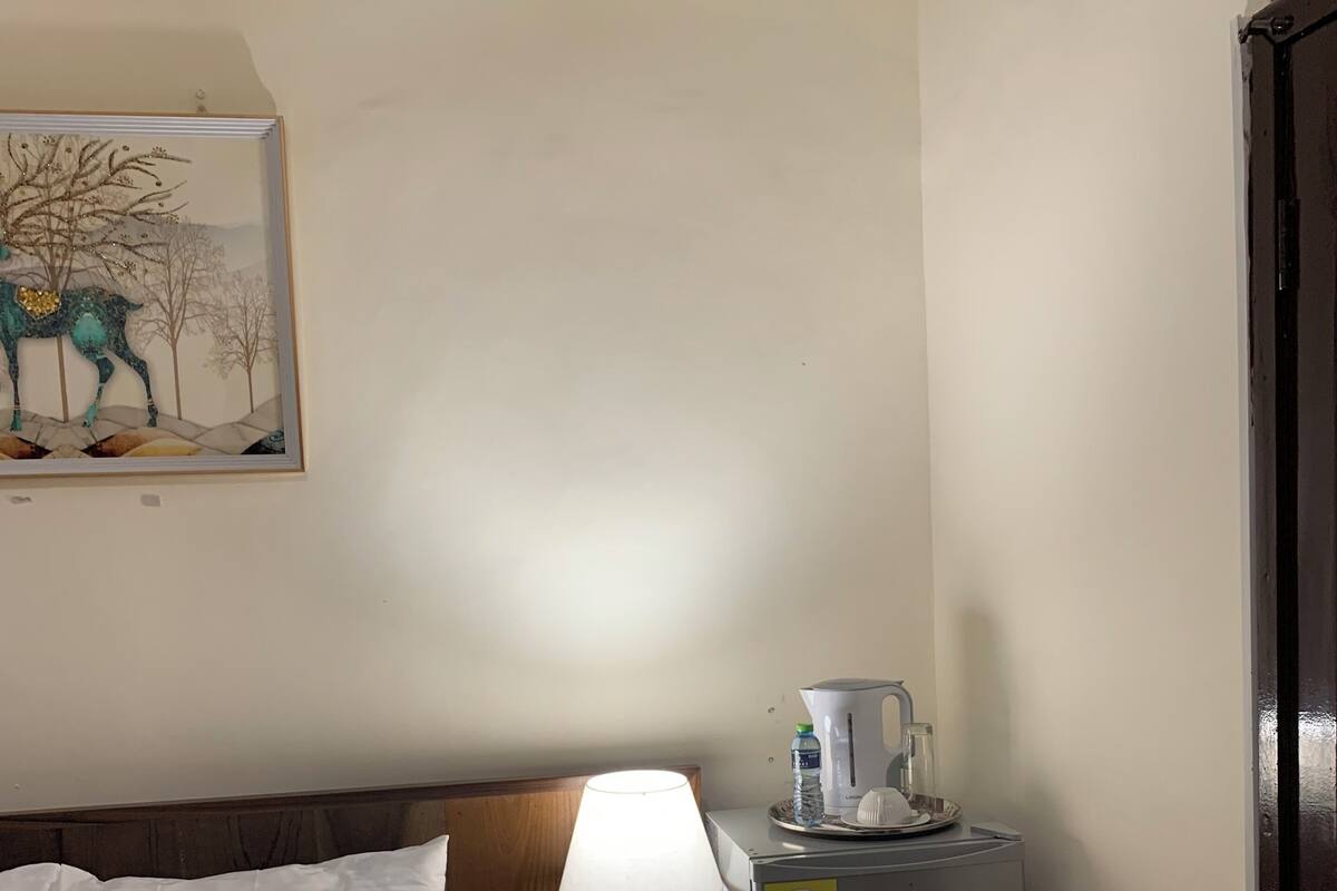 A hotel room with a bed, a nightstand with a lamp, a refrigerator, and a painting on the wall.