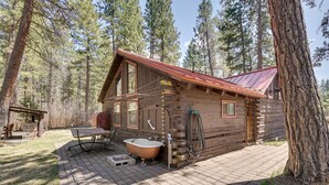 Un rustico chalet con facciata in legno, tetto in metallo e patio in mattoni.