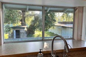 A kitchen with a large window, a stainless steel sink, and a soap dispenser.