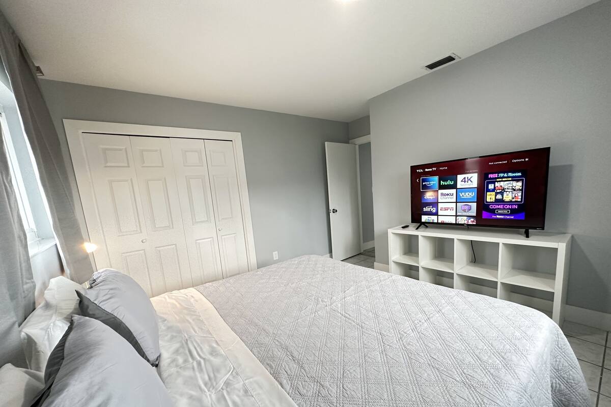 2 bedrooms, laptop workspace, blackout curtains, iron/ironing board