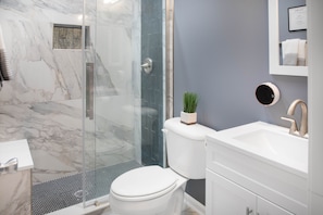 Hair dryer, towels, soap, shampoo