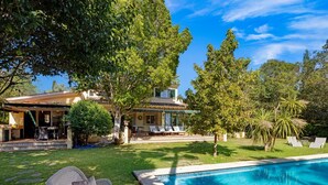 Un espace piscine agrémenté d’un fauteuil en osier, une maison dotée d’une terrasse et une végétation luxuriante.