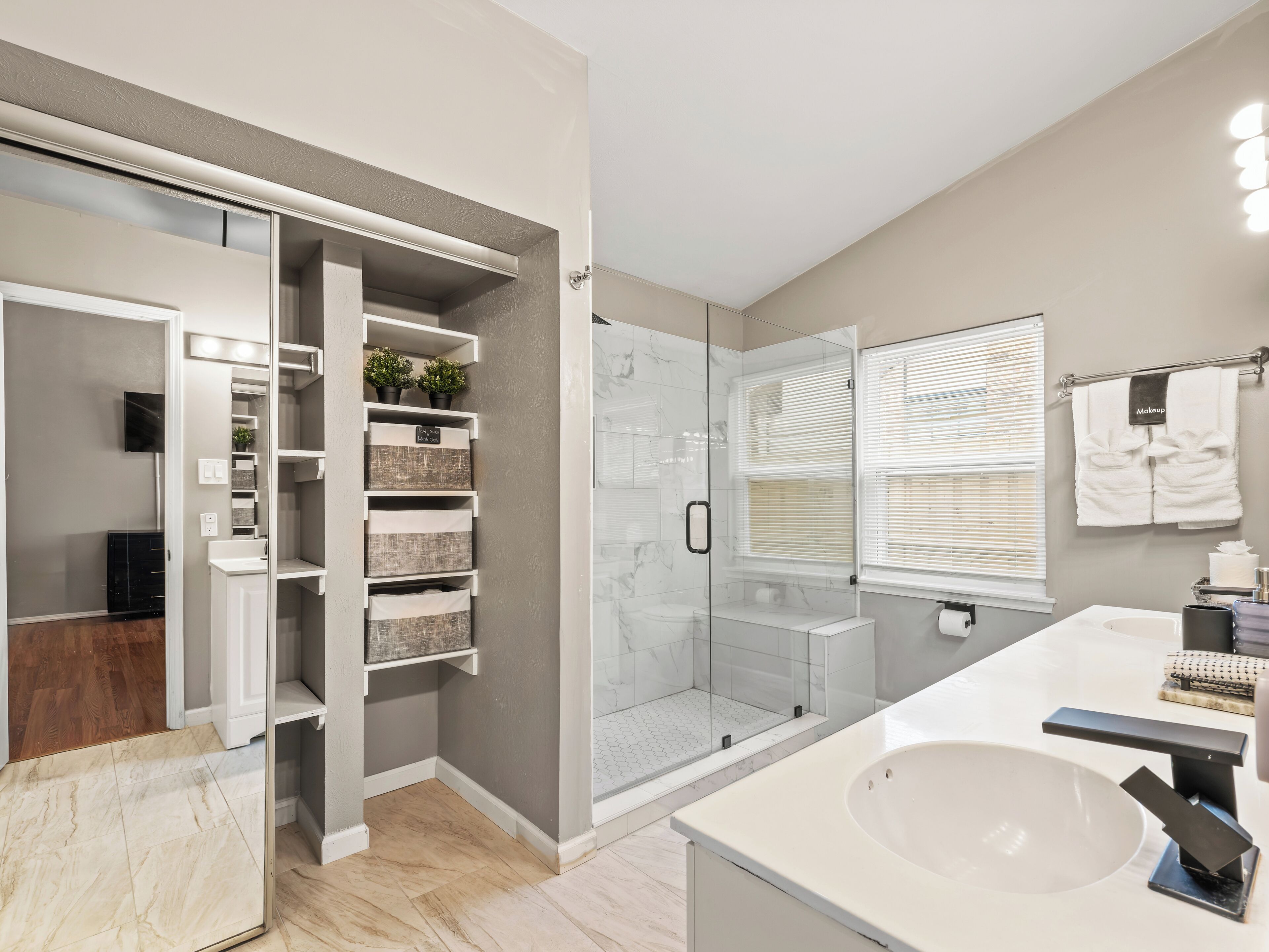 Hair dryer, towels, soap, shampoo