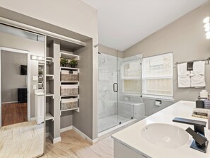 Hair dryer, towels, soap, shampoo