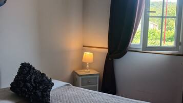 A bedroom with a bed, a nightstand with a lamp, a window with curtains, and a view of greenery outside.