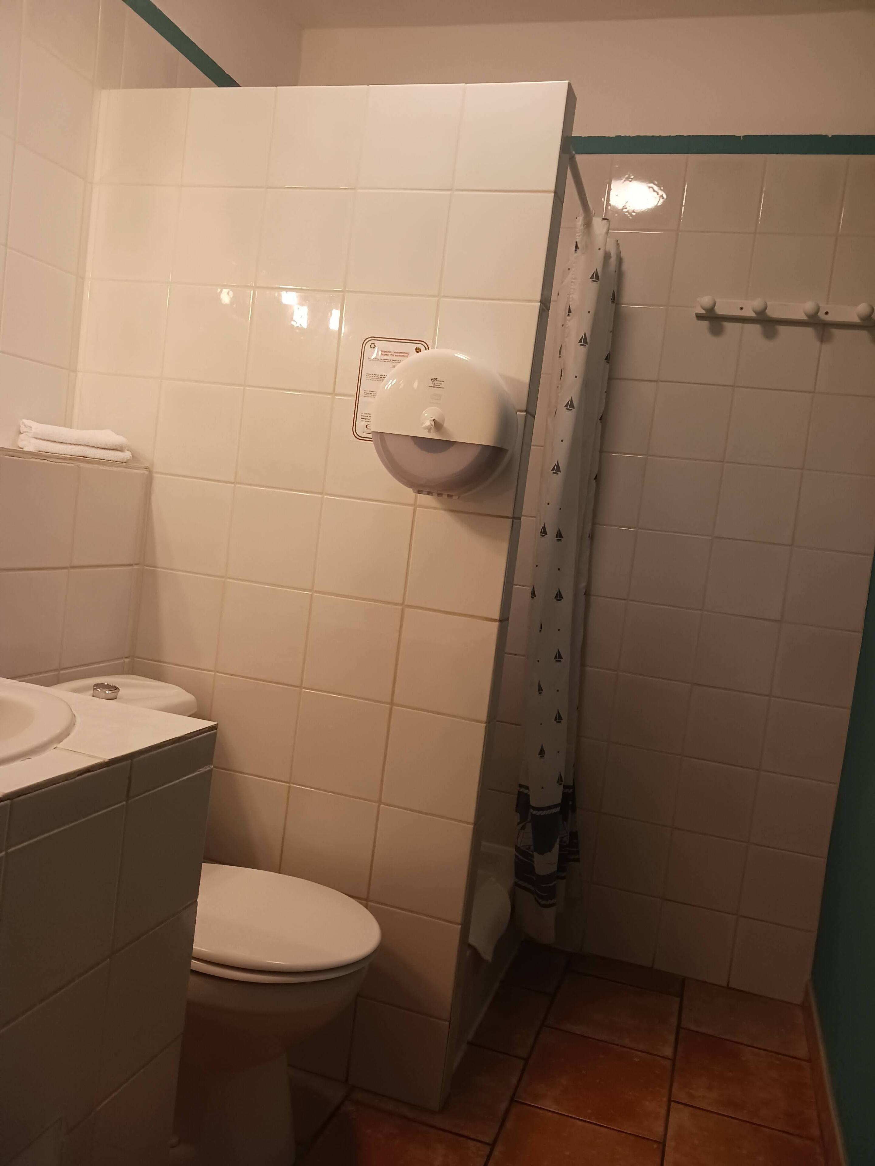 Un baño pequeño con inodoro, lavamanos y zona de ducha.
