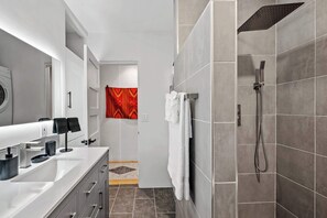 Shower, hair dryer, shampoo