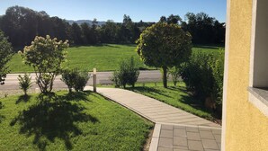 A paved pathway leading to a grassy area with trees and a clear sky.
