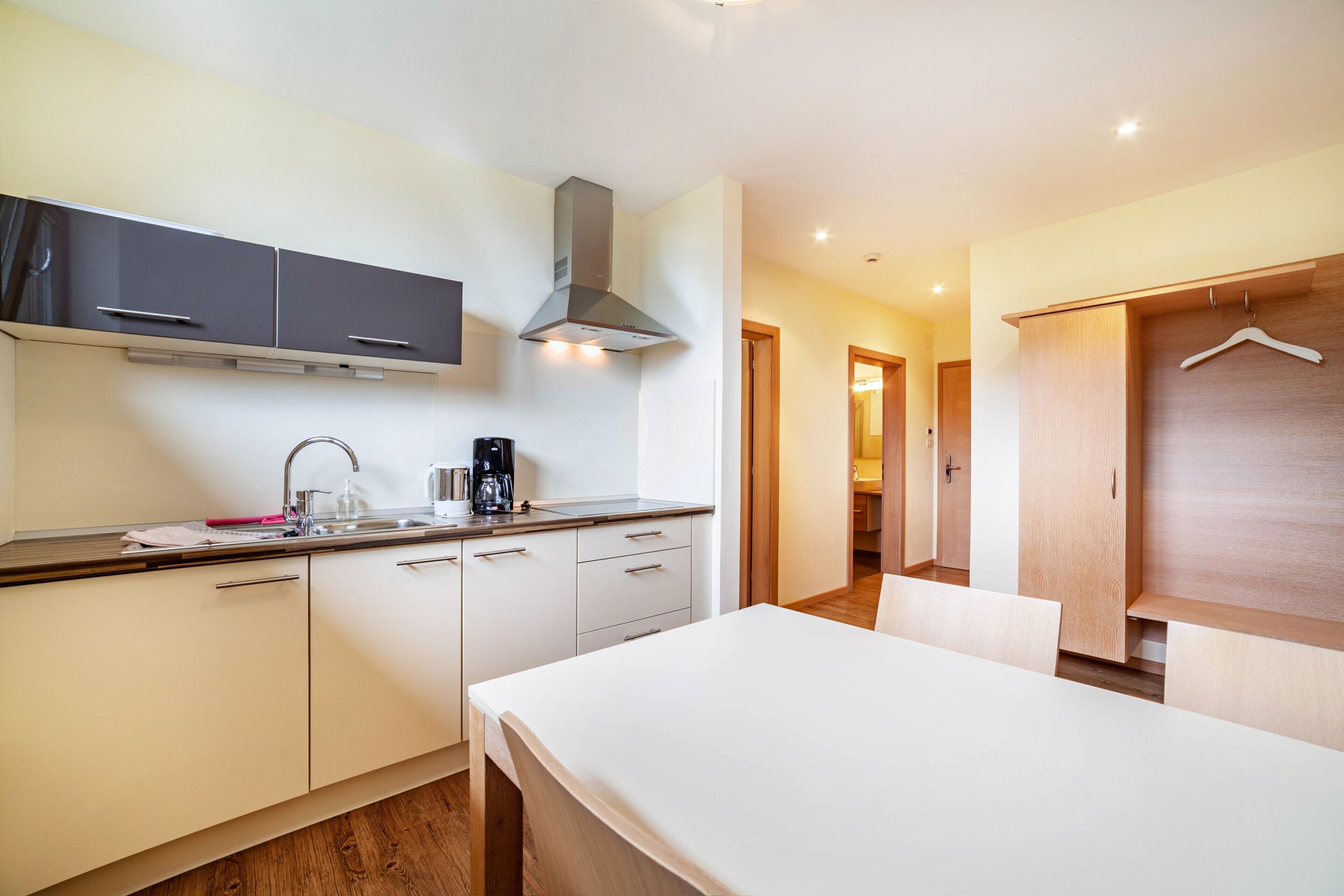 A modern kitchen with a sink, stove, and cabinets, a dining area with a table, and a walk-in closet with a hanging rod.