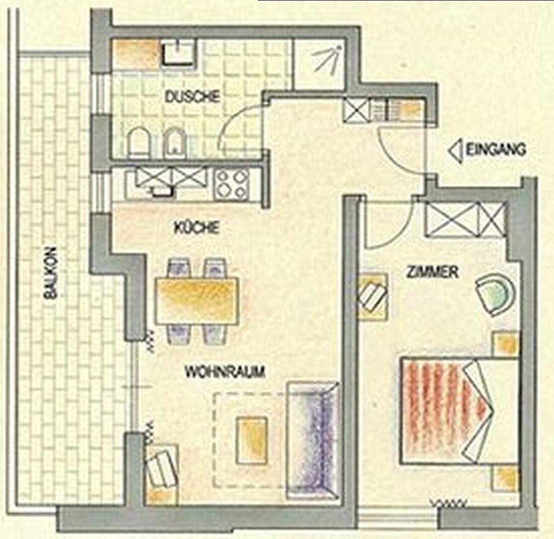 Ein Hotelzimmer mit Küchenzeile, Essbereich und Wohnbereich.