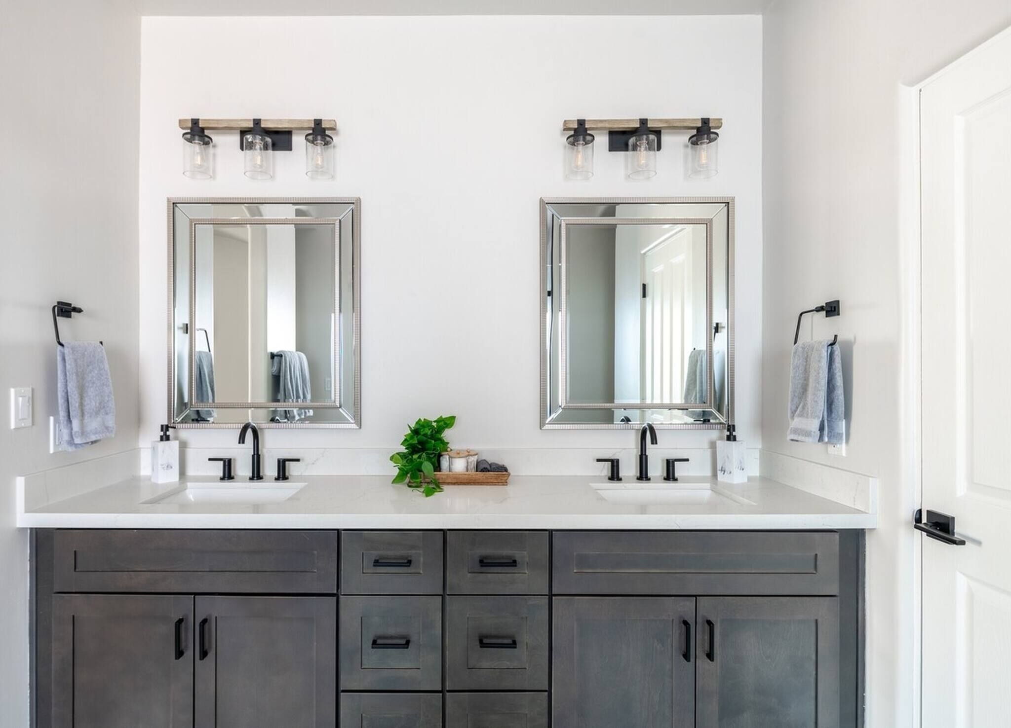 A bathroom with two sinks, a large mirror, and a plant.
