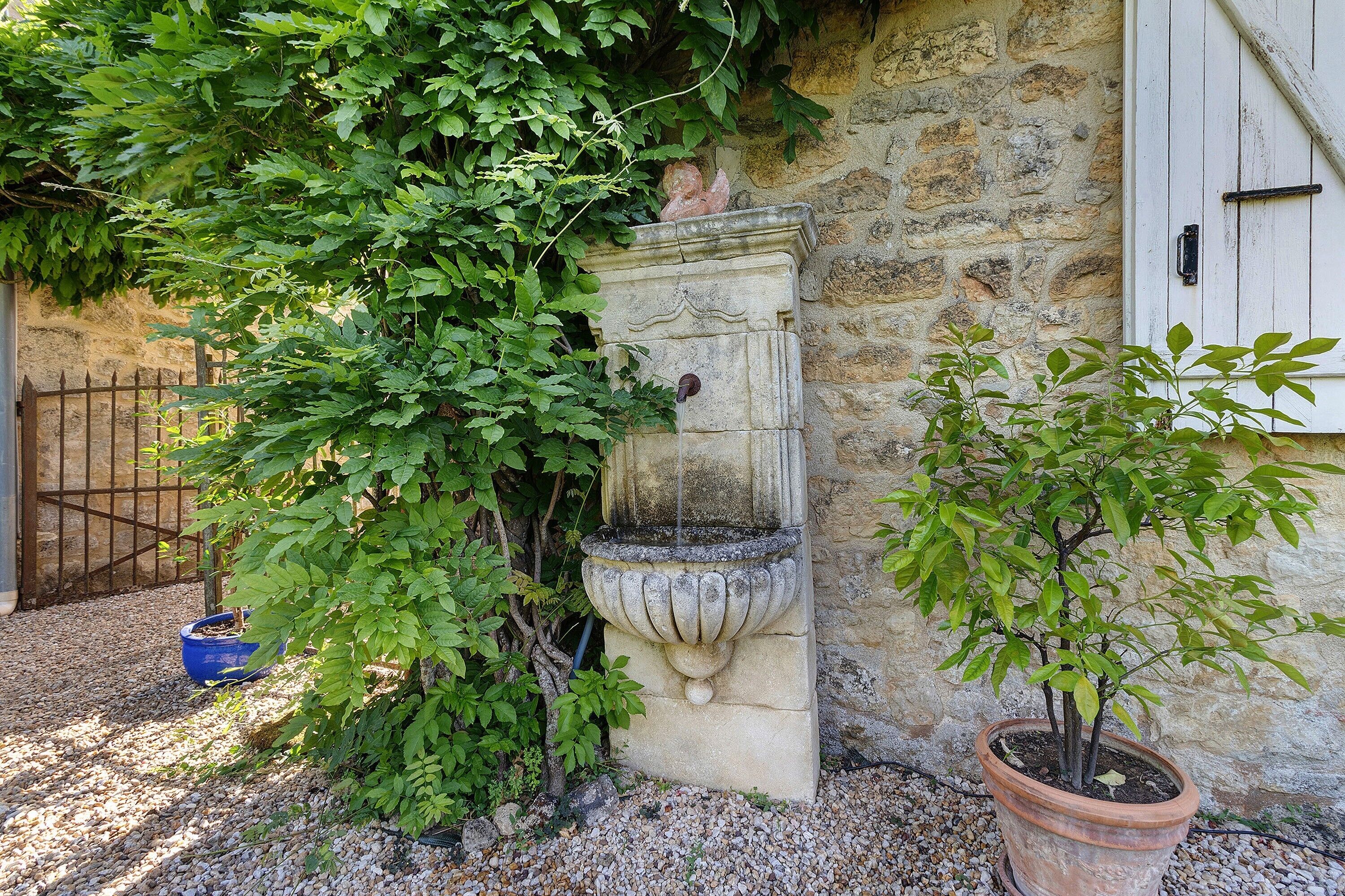 A stone wall with a water feature, a potted plant, and a metal gate.