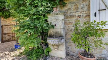A stone wall with a water feature, a potted plant, and a metal gate.