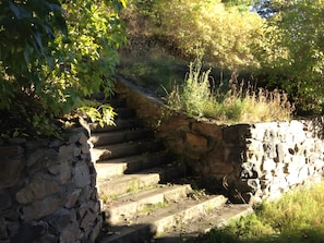Un escalier en pierre menant au sommet d’une colline verdoyante, entouré de végétation.