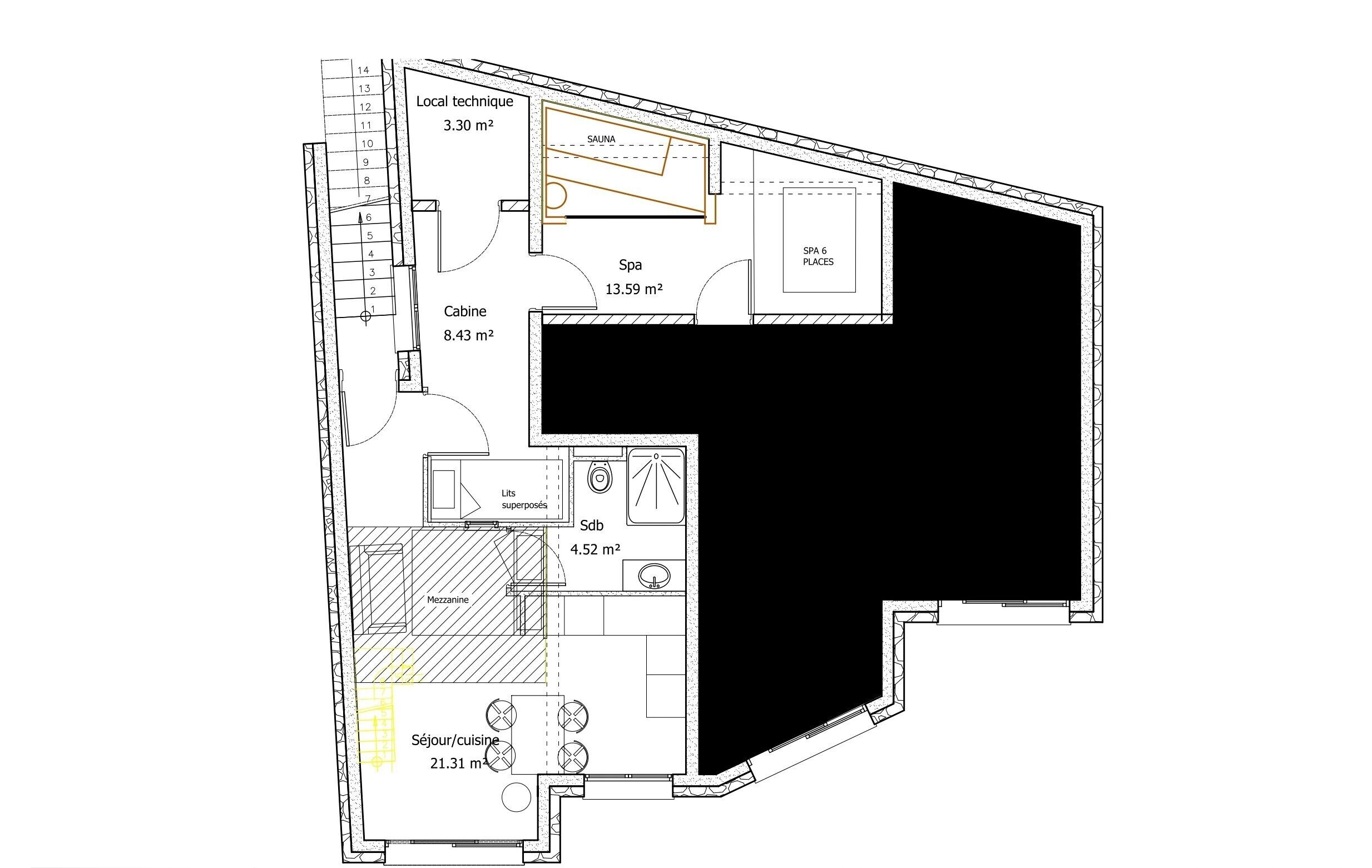 Plan d’étage d’un hôtel comprenant un espace dédié aux techniques locales (3,30 m²), un spa (13,59 m²), un coin salon (8,43 m²), une kitchenette (4,52 m²) et un coin repas (21,31 m²).