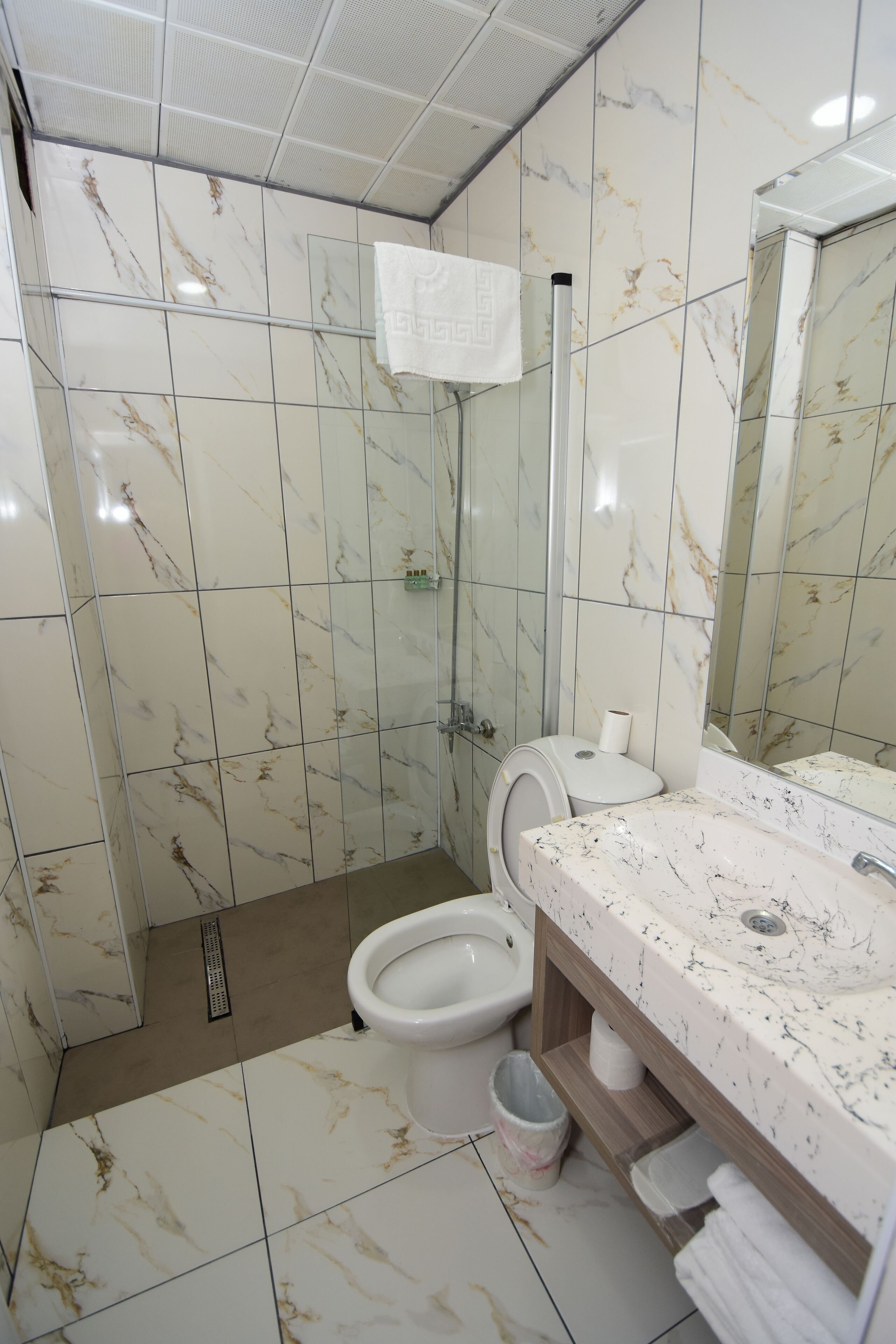 A bathroom with a toilet, sink, and shower.