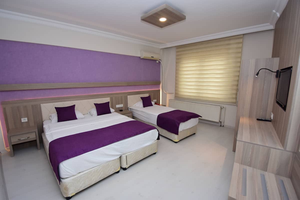 Habitación de hotel con dos camas, televisión y ventana con persianas.
