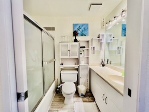 Hair dryer, towels, soap