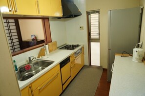 Fridge, microwave, stovetop, cookware/dishes/utensils