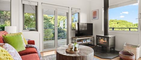 TV connectée, cheminée, livres, espaces bureaux