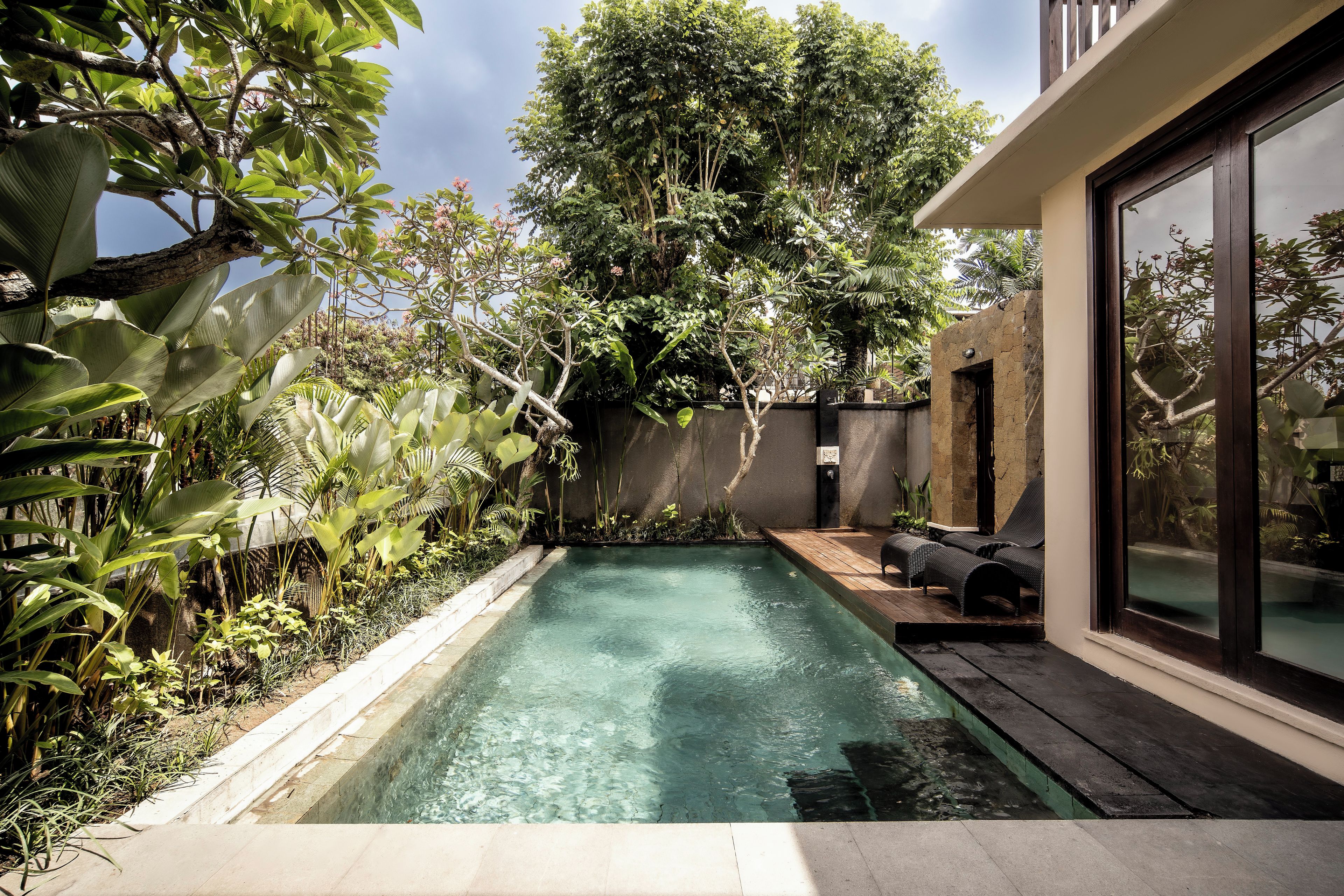 Une piscine dotée d’une terrasse en bois, entourée d’une végétation luxuriante et bordée d’un bâtiment moderne aux grandes fenêtres.