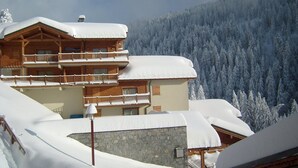 Un chalet en bois à plusieurs étages, doté de balcons, entouré d’arbres couverts de neige et avec une chaîne de montagnes en toile de fond.
