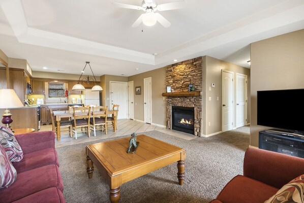 Smart TV, fireplace, DVD player