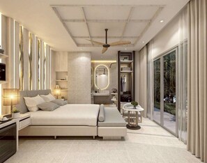 Quarto moderno com cama grande, ventoinha no teto, closet espaçoso e banheiro com espelho amplo.