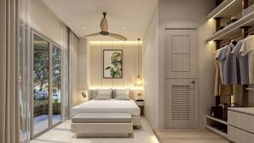 A modern bedroom with a large bed, bedside tables, a ceiling fan, and a walk-in closet with shelves.