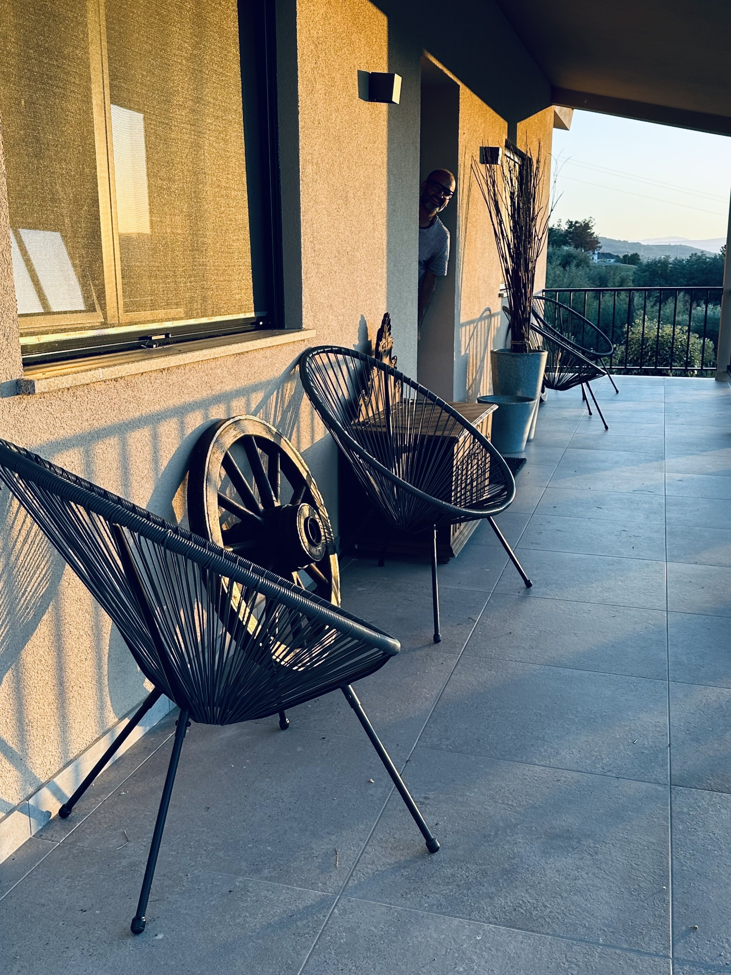 Un balcón con mobiliario exterior, una planta en maceta y vistas al paisaje.
