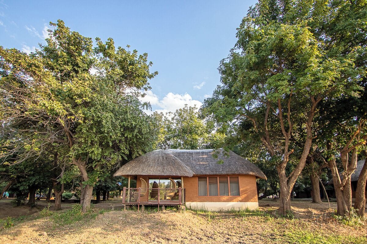A thatched-roof hut with a wooden deck and windows, surrounded by trees in a natural setting.