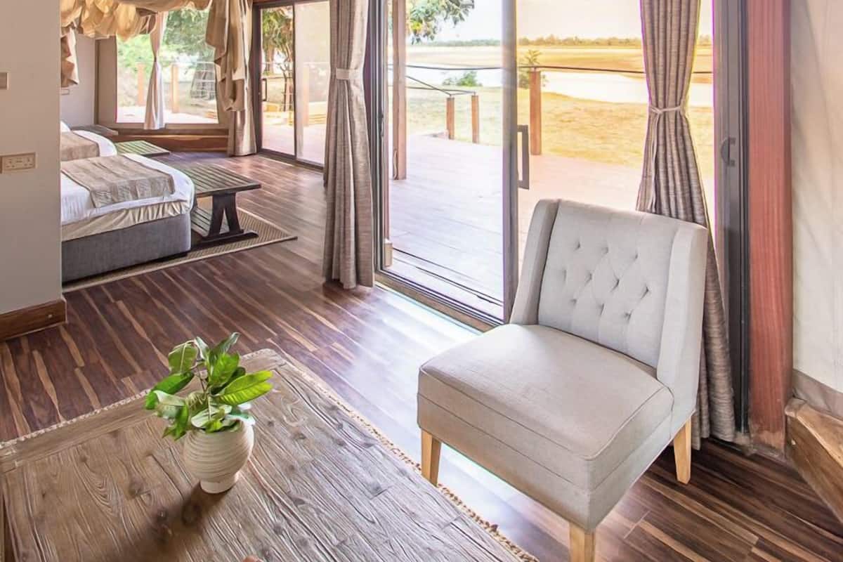 A spacious room with a bed, a chair, a table, and a potted plant.