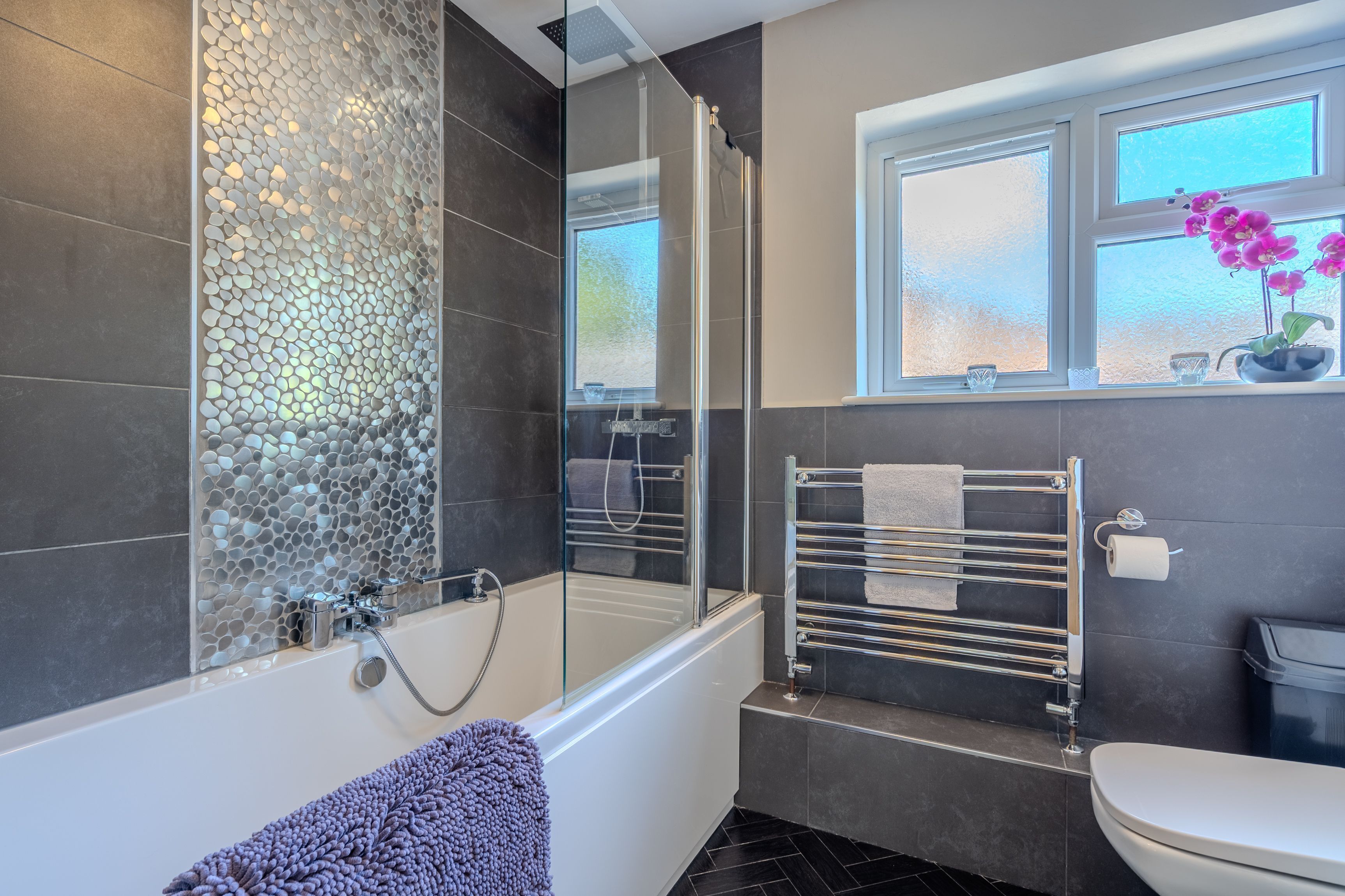 Combined shower/bathtub, hair dryer