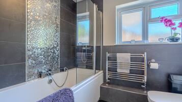 Combined shower/bathtub, hair dryer