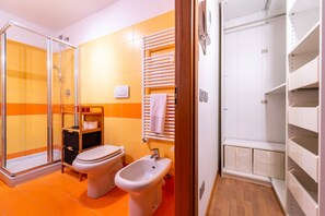 Shower, hair dryer, bidet, towels