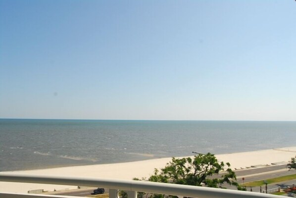 A view of a beach with a clear sky and a road in the foreground.