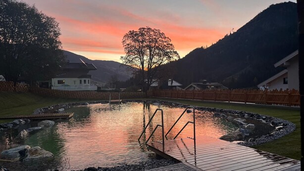 A serene lakeside scene with a wooden dock, a tree in the center, and houses in the background. - Eibinghof Bed & Breakfast (Saalbach-Hinterglemm)