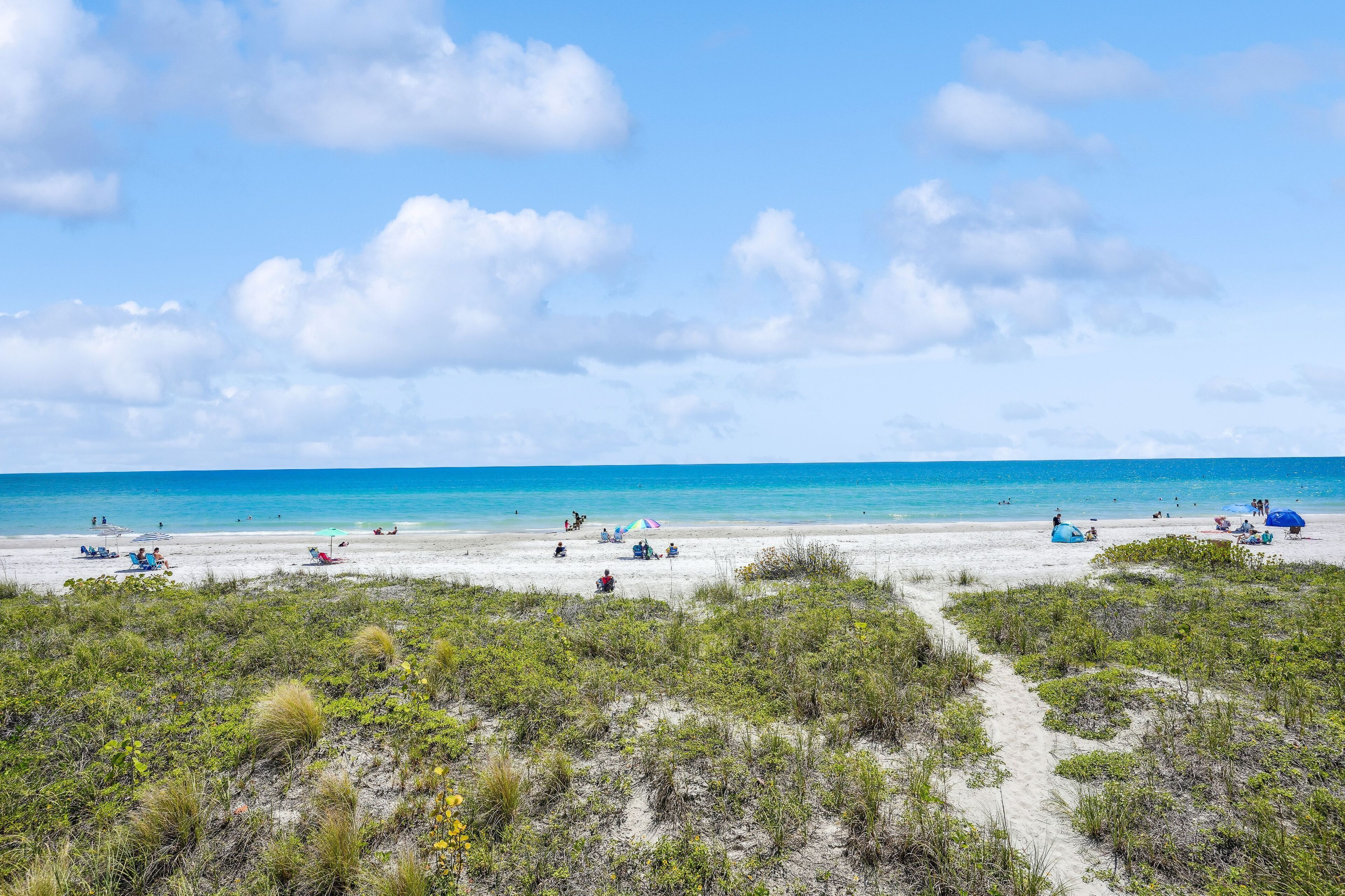 Een strand met helderblauw water, een zandstrand en schaarse begroeiing.