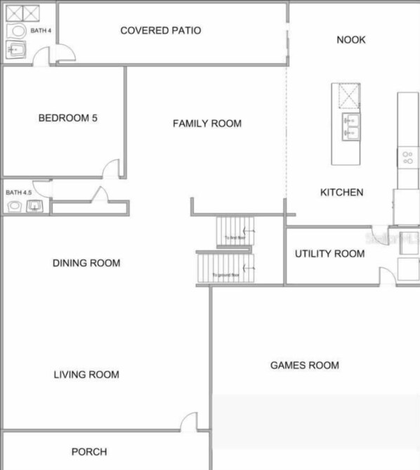 A floor plan with a covered patio, family room, dining room, living room, games room, kitchen, utility room, bathroom, and a porch.