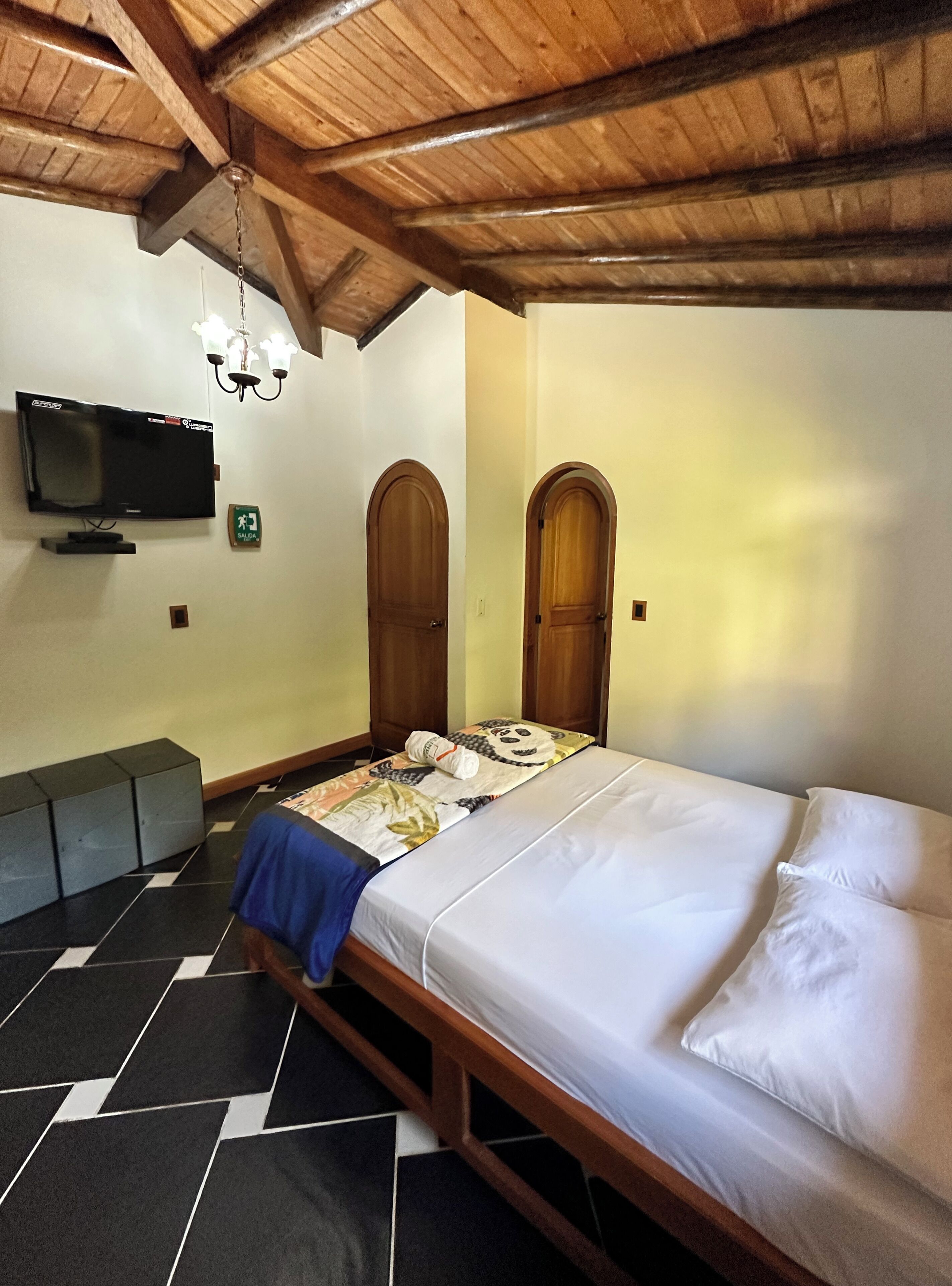 Una habitación con una cama, un televisor y dos puertas de madera.